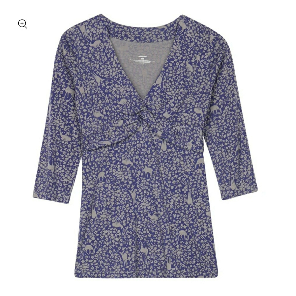 Patagonia Women's Blue Animal Patterned Ruched Organic Cotton Top Sz S Babydoll - Picture 1 of 14